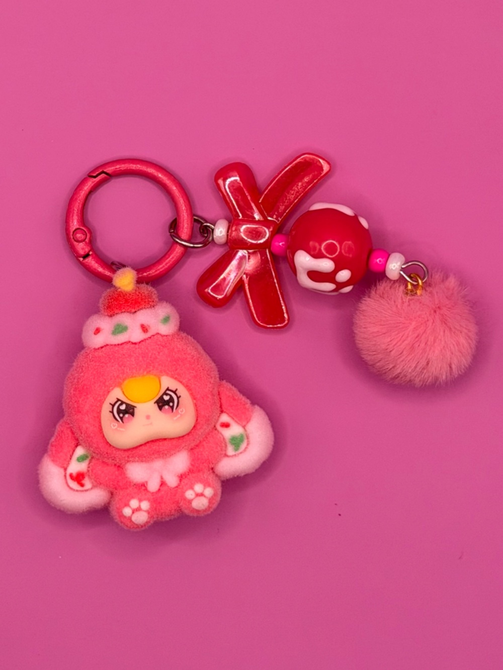 Pink Plush Character Keychain with Pom Pom